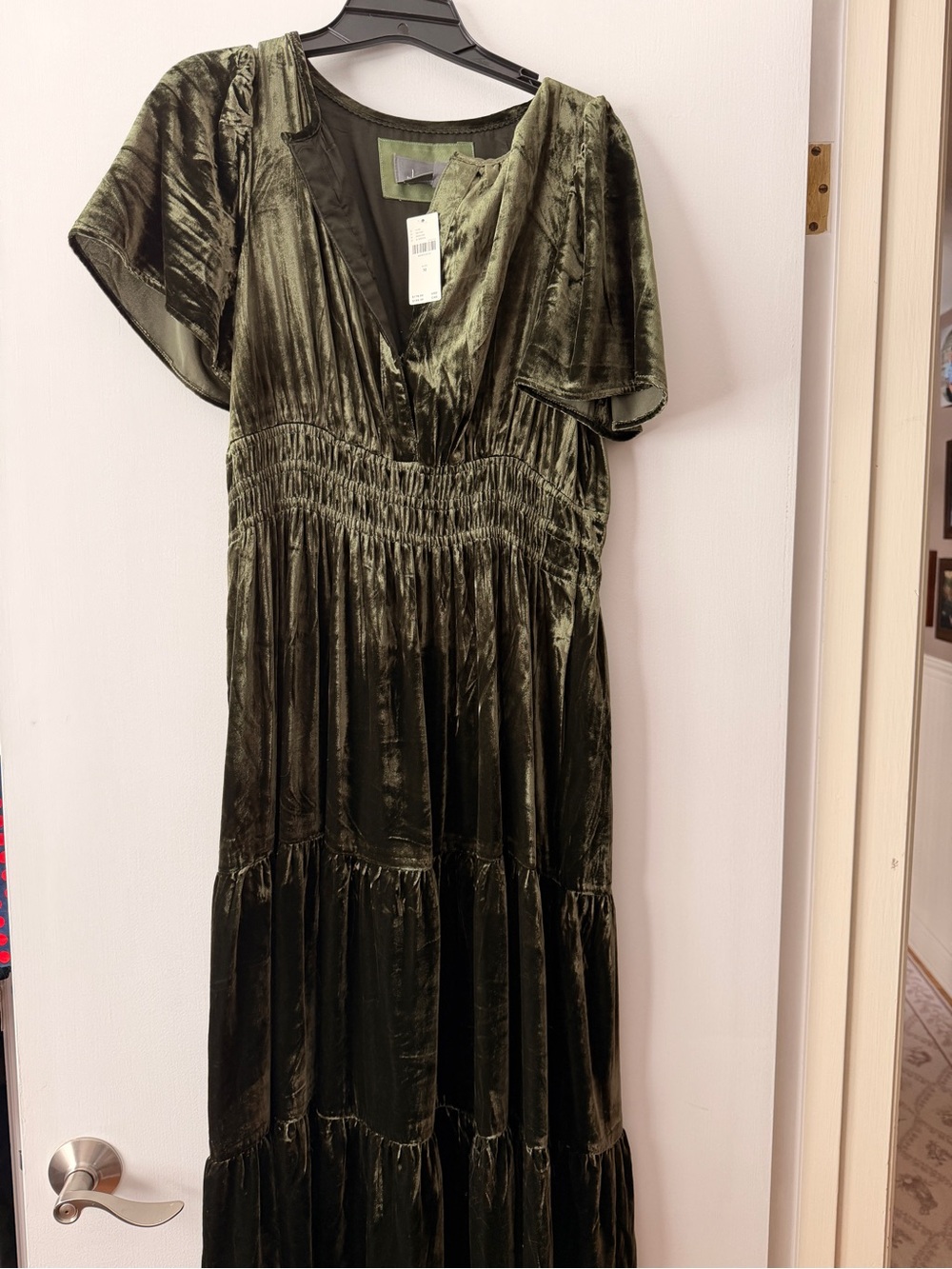 Anthropology Women's Olive Velvet Tiered Maxi Dress -